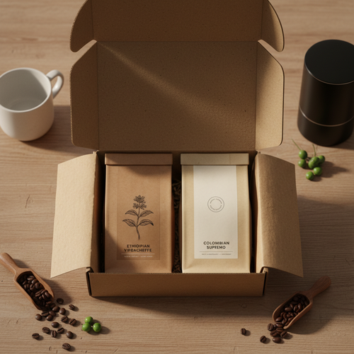 Premium monthly coffee subscription box open with specialty coffee bags inside